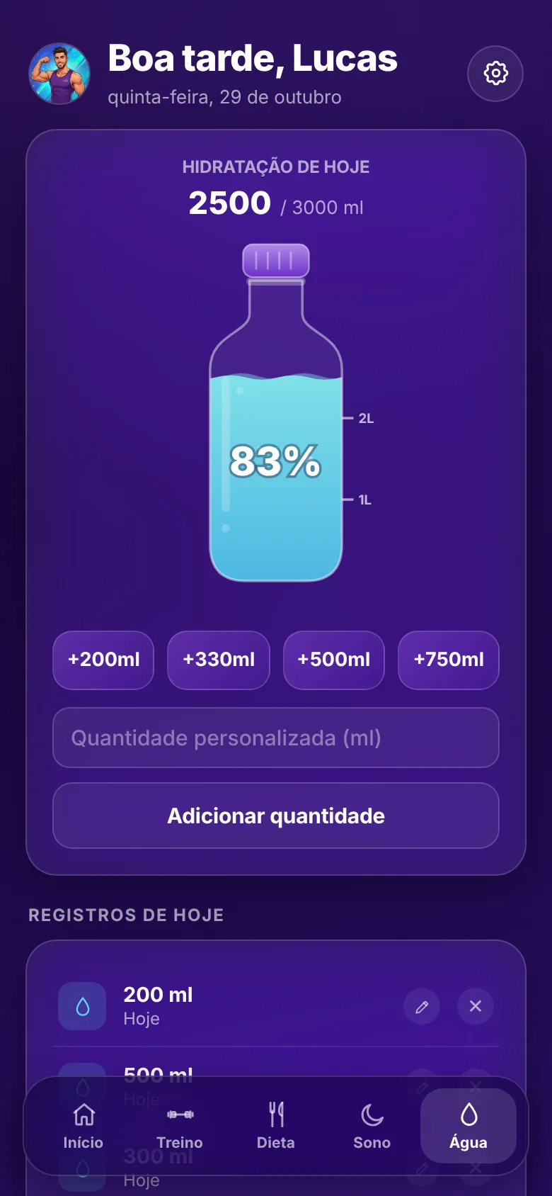 Tela de água do Diary Fitness com a garrafa em 83% da meta
