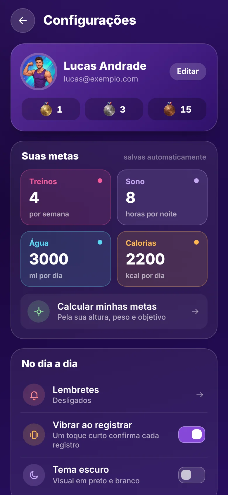 Tela de Configurações no tema roxo